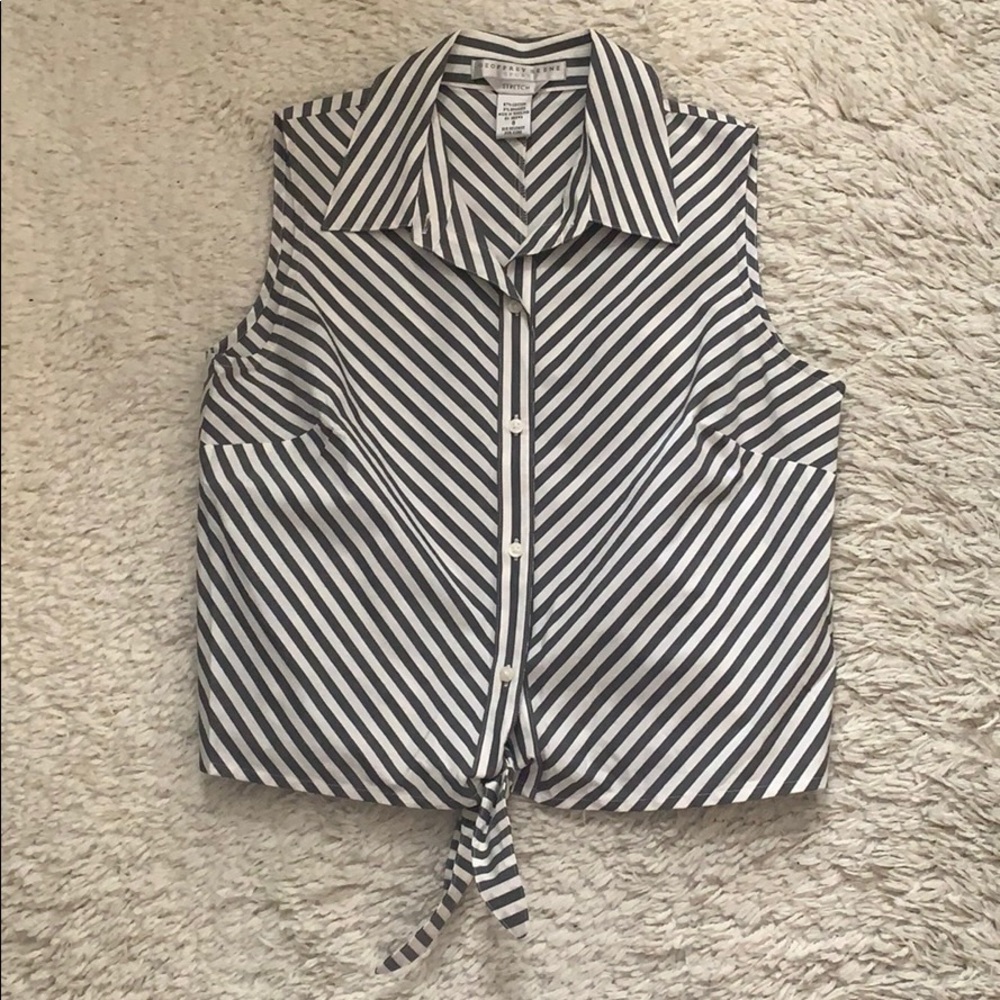 VINTAGE Gray White Stripe Cropped Sleeveless Button Down Top